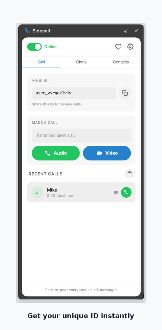 Sidecall main screen with your unique ID